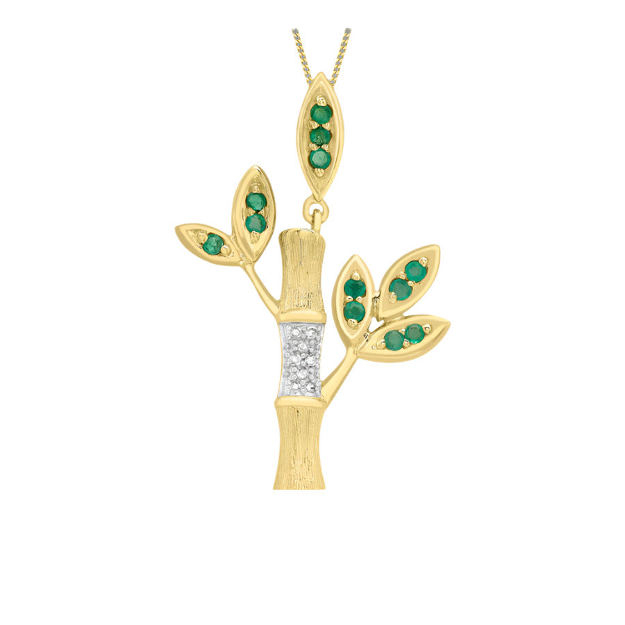 9ct Yellow Gold Diamond and Emerald Bamboo Tree Pendant on 18 Curb Chain (164E)