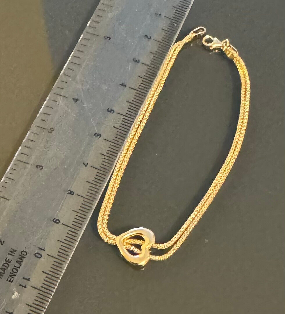 9ct Yellow Gold Double Chain and Heart Charm Bracelet 7.5 Inches (0603)