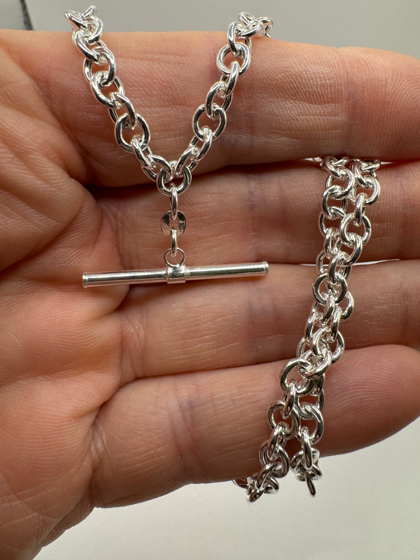 Sterling Silver T-Bar Necklace Round 4.6mm Chain Links Swivel Albert Clasp (2294)