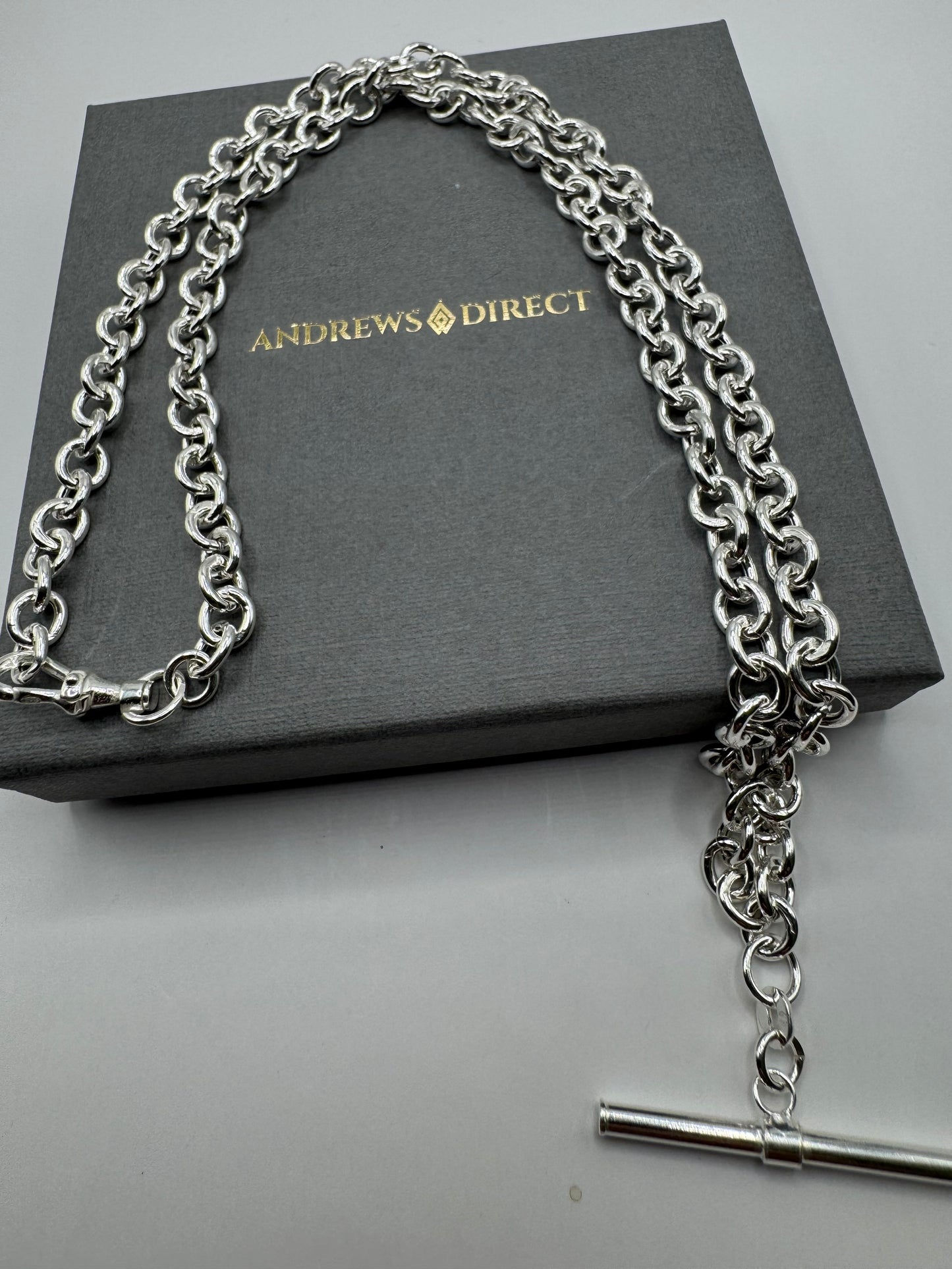 Sterling Silver T-Bar Necklace Round 4.6mm Chain Links Swivel Albert Clasp (2294)