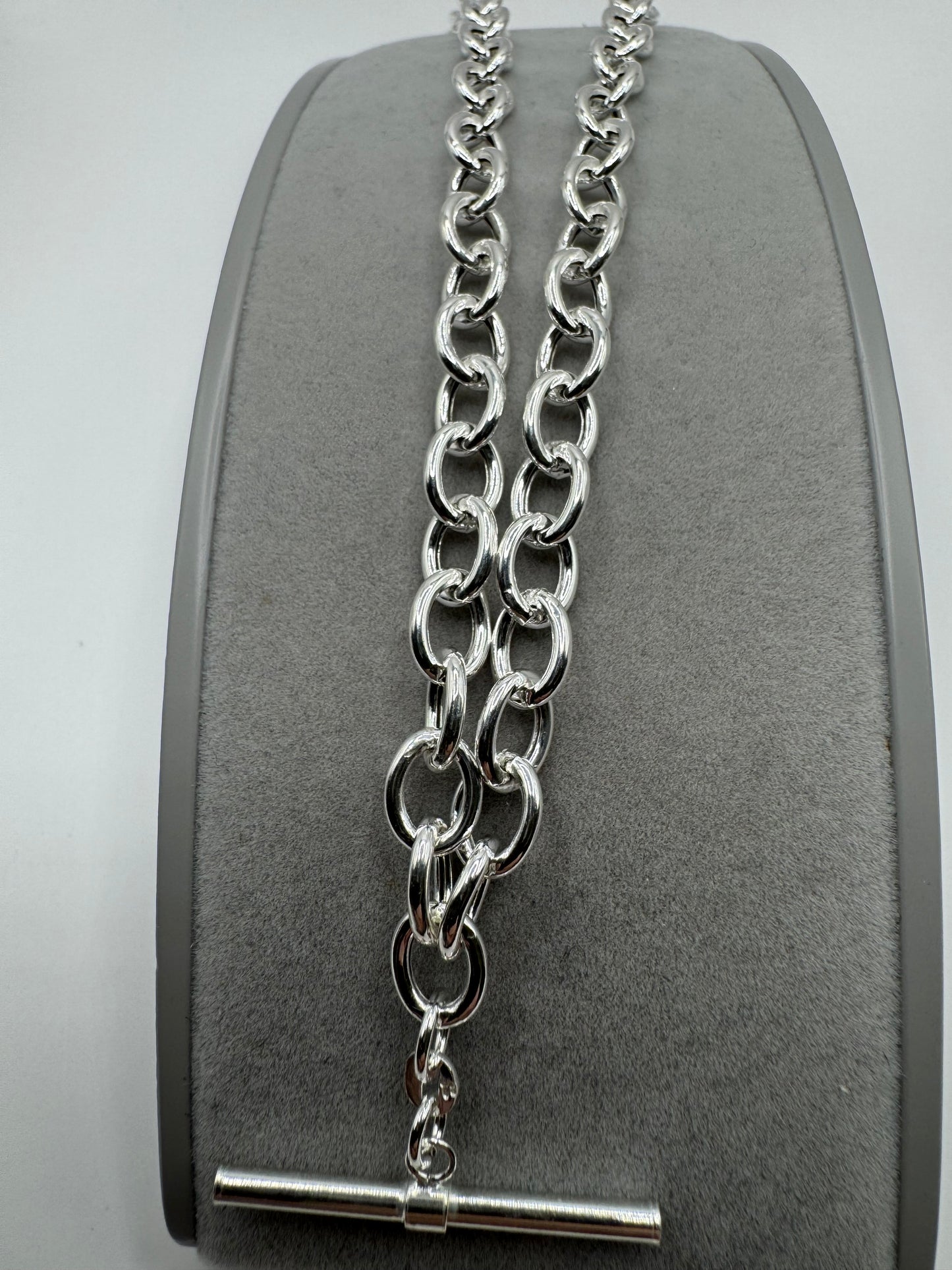 Sterling Silver T Bar Necklace Hollow 7mm Chain Links Swivel Albert Clasp (2304)