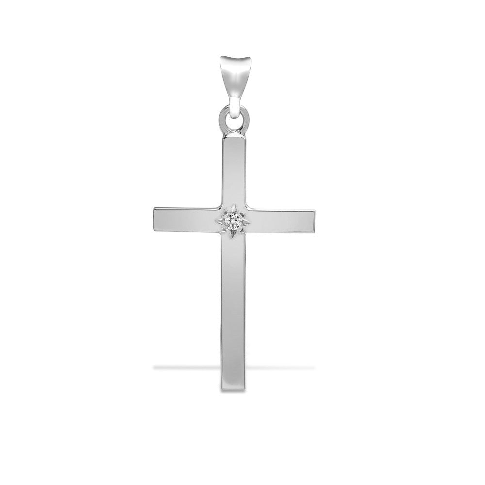 9ct White Gold 0.05 Ct Diamond Set Cross Pendant - Chains available (9X091)