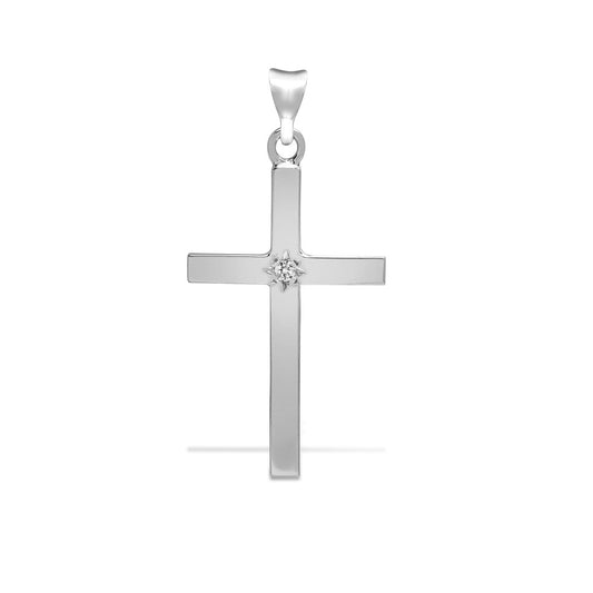 9ct White Gold 0.05 Ct Diamond Set Cross Pendant - Chains available (9X091)