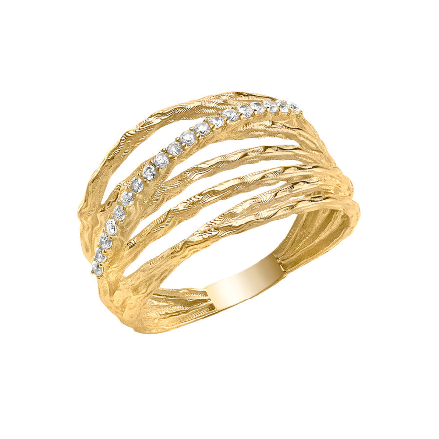 9ct Yellow Gold Diamond Cut Zirconias Set Wide Band Ring