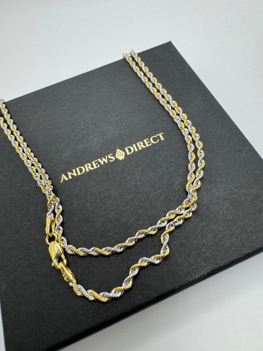 9ct Yellow and White Gold Diamond Cut Rope Chain