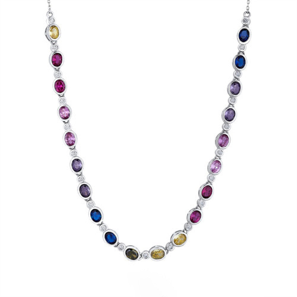 Sterling Silver Multi Colour Cubic Zirconia Set Rainbow Necklace (229)