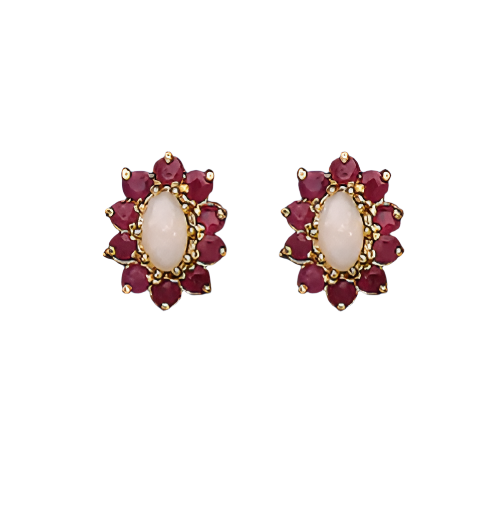 9ct Yellow Gold 10x9mm Ruby and Opal Set Cluster Oval Earrings (8055)