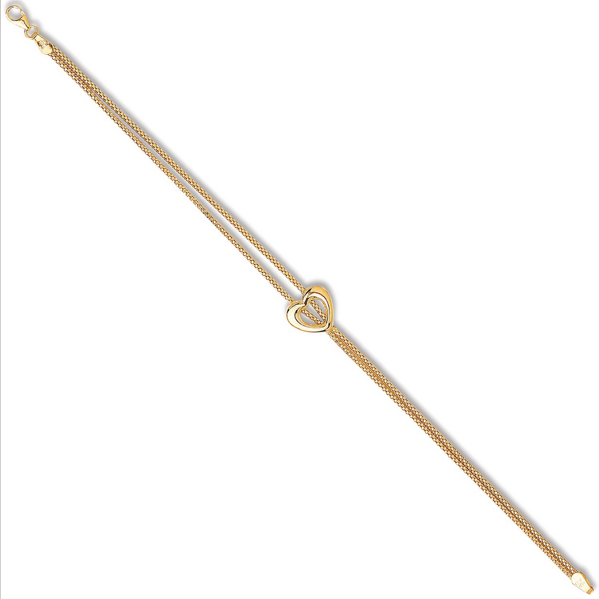 9ct Yellow Gold Double Chain and Heart Charm Bracelet 7.5 Inches (0603)