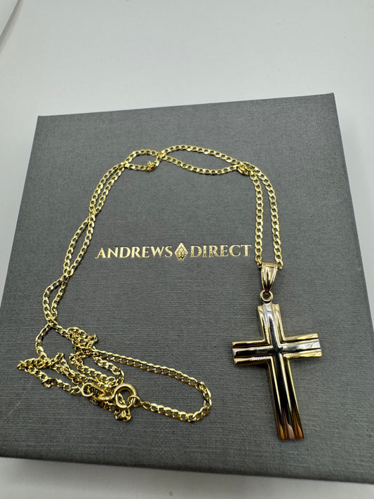 9ct Yellow/White Gold Double Sided Cross Pendant on 18" Chain Necklace (0243)