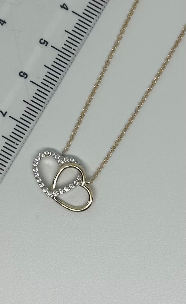 9ct Yellow Gold Zirconia Set Double Hearts Pendant on 18" Neck Chain (0596)