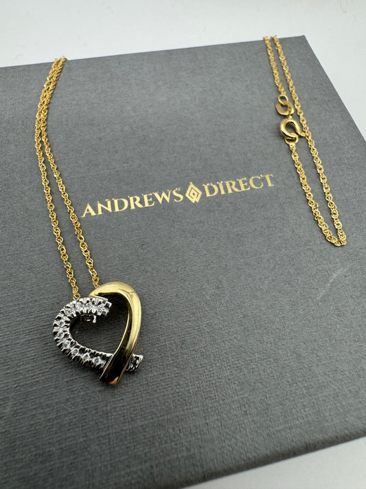 9ct Yellow Gold Diamond Heart Shaped Pendant on 18 Inch Singapore Chain (0004)