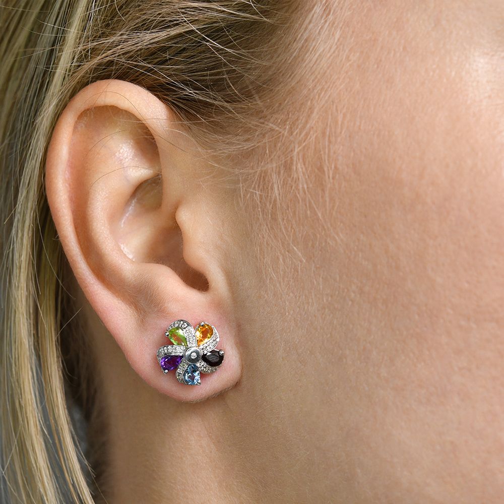 9ct White Gold Diamond & Multi Colour Flower Cluster Earrings (0095)