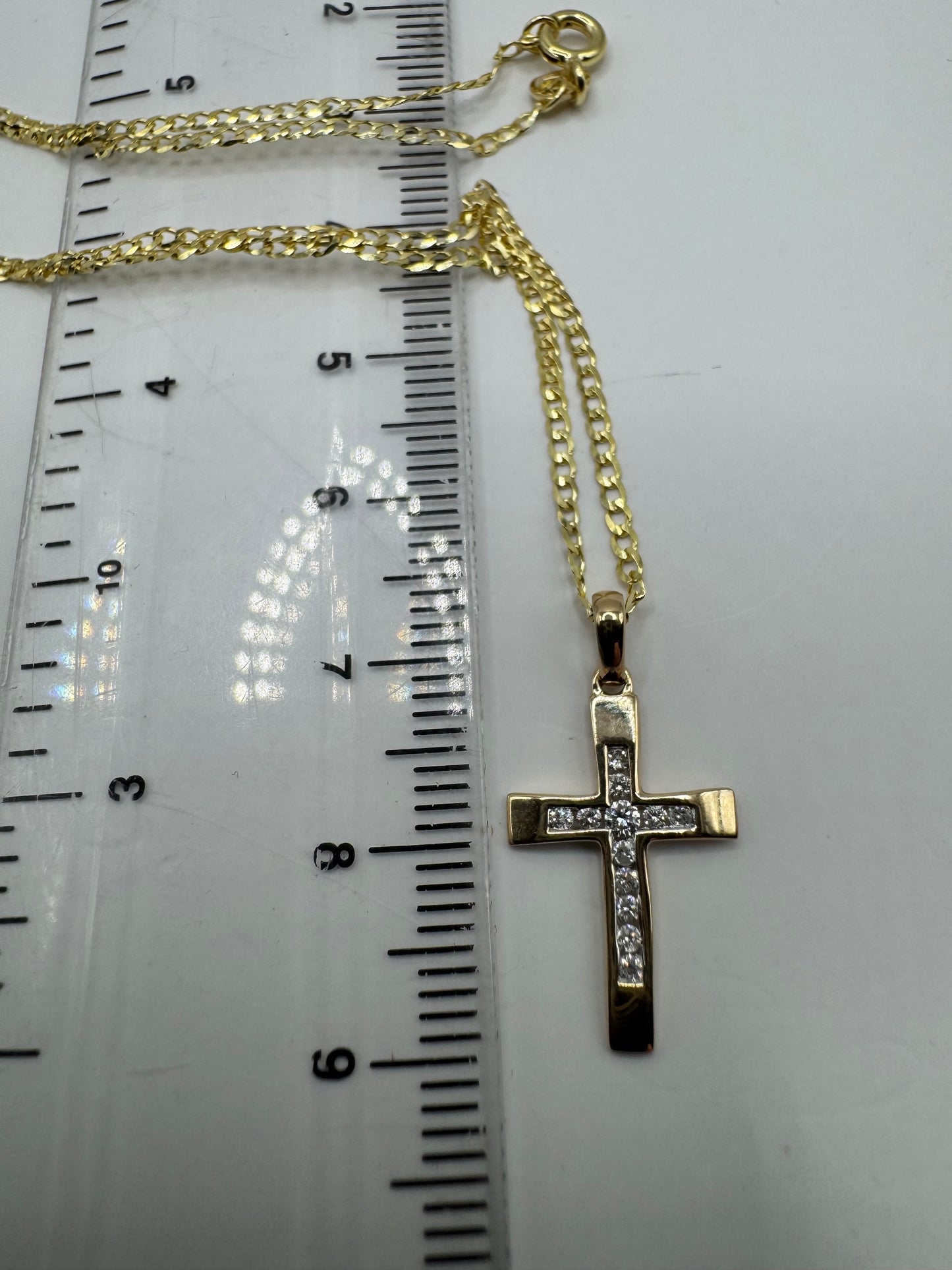 9ct Yellow Gold Diamonds Set 0.12 Ct Cross Pendant Necklace 20"/50cm (003.587)