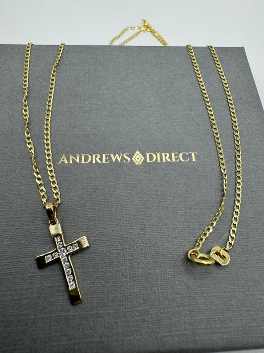 9ct Yellow Gold Diamonds Set 0.12 Ct Cross Pendant Necklace 20"/50cm (003.587)