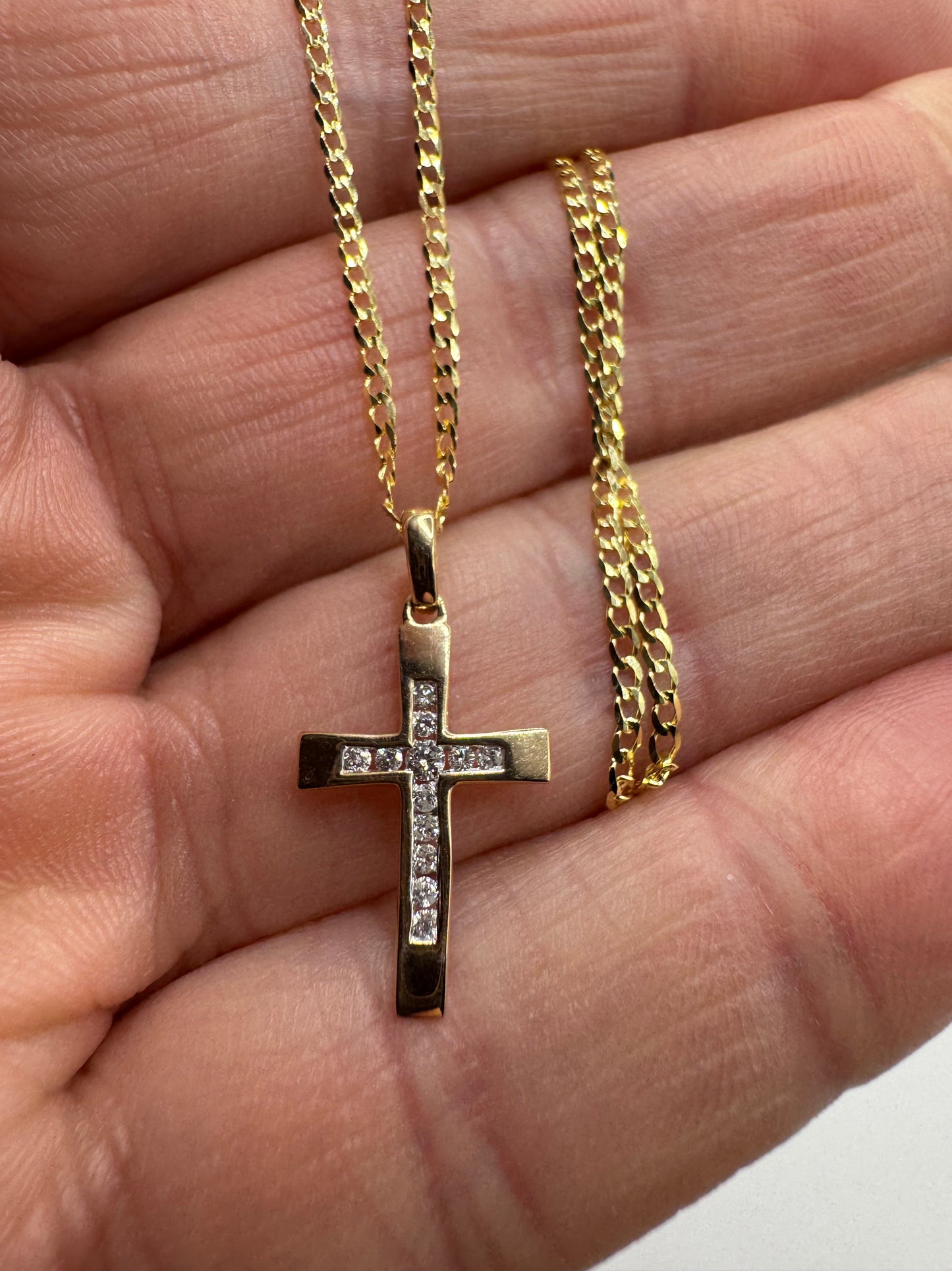 9ct Yellow Gold Diamonds Set 0.12 Ct Cross Pendant Necklace 20"/50cm (003.587)