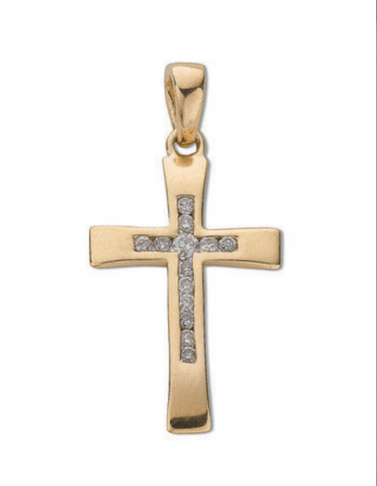 9ct Yellow Gold 0.12 Carat 23x12mm Diamond Set Cross Pendant (0033)