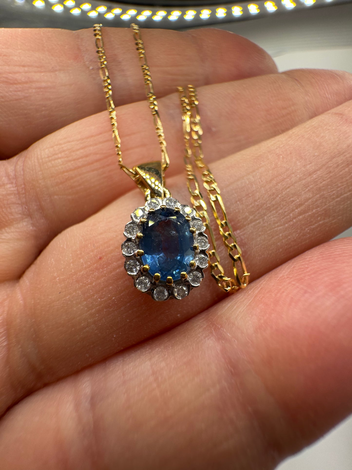 9ct Yellow Gold Sapphire and Diamond Cluster Pendant on 18 Inch Chain (0354)