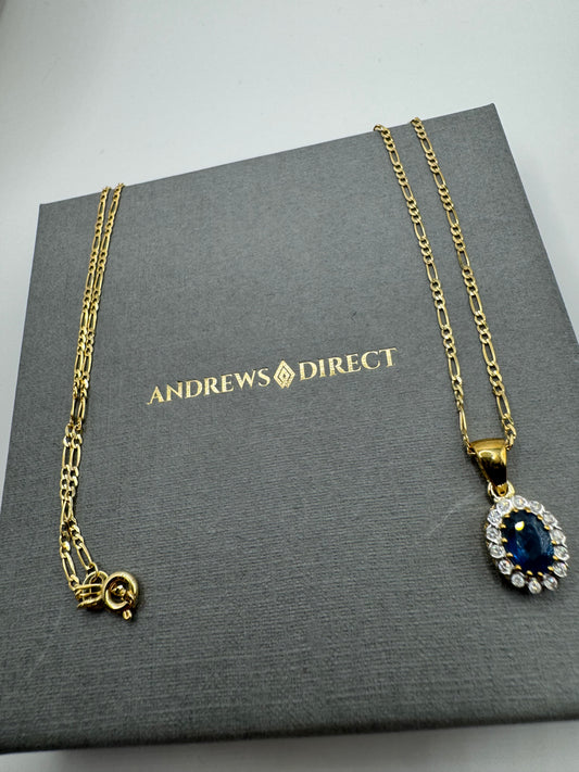 9ct Yellow Gold Sapphire and Diamond Cluster Pendant on 18 Inch Chain (0354)