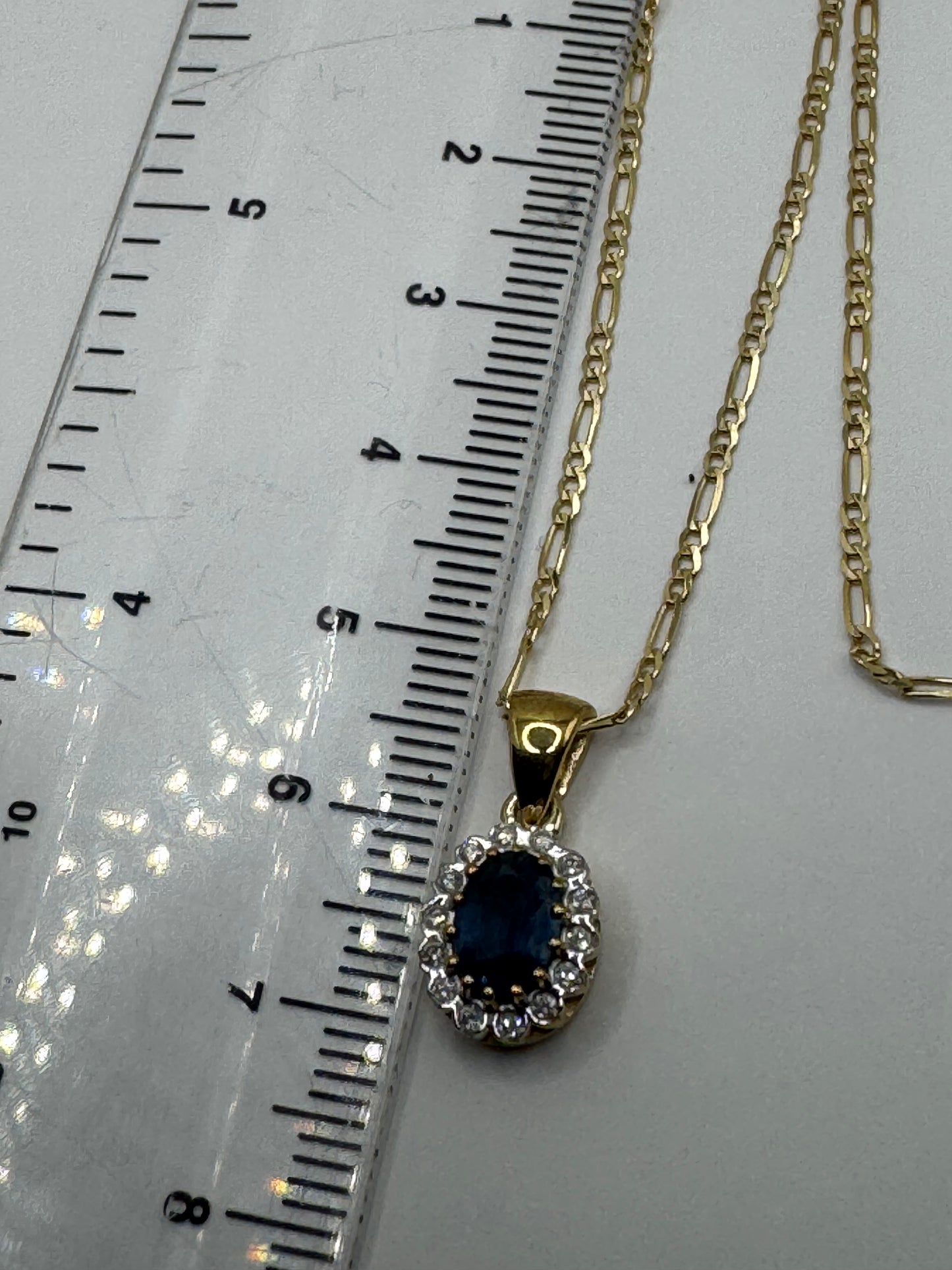 9ct Yellow Gold Sapphire and Diamond Cluster Pendant on 18 Inch Chain (0354)
