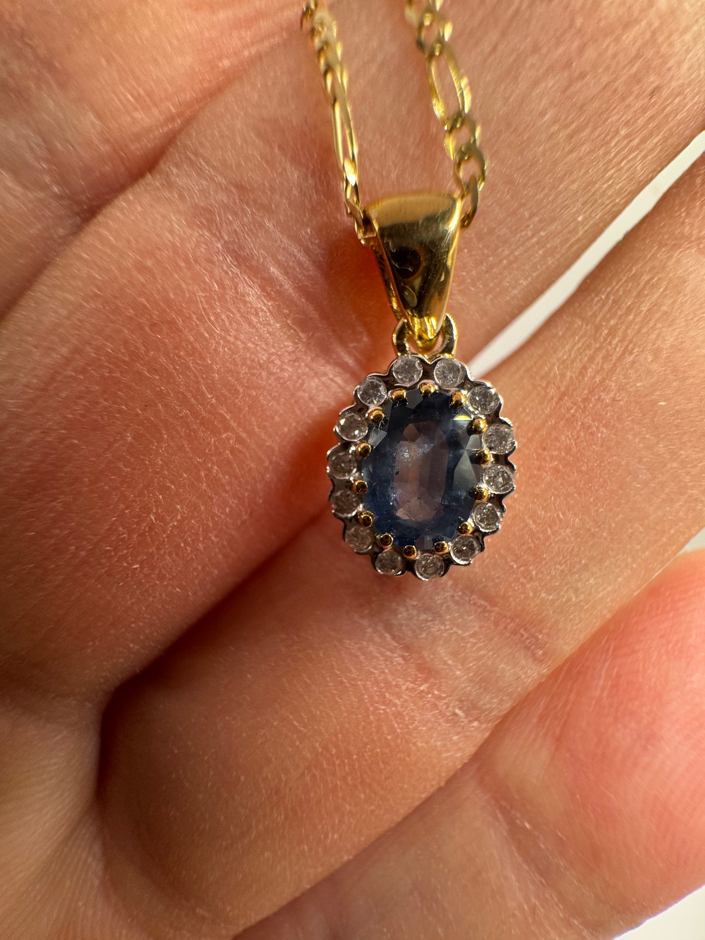 9ct Yellow Gold Sapphire and Diamond Cluster Pendant on 18 Inch Chain (0354)