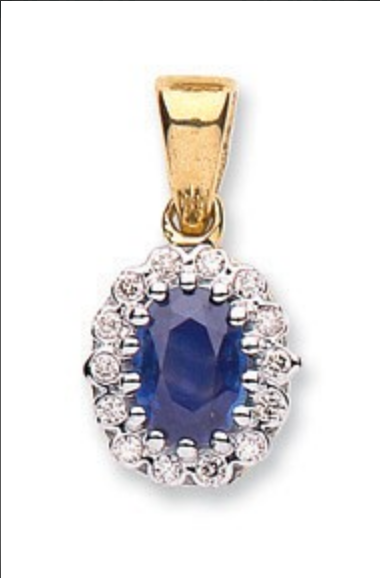 9ct Yellow Gold Sapphire and Diamond Cluster Pendant on 18 Inch Chain (0354)