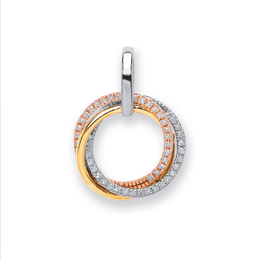 9ct Yellow, White and Rose Gold 0.15 Carat Circles Diamond Set Pendant (0436)