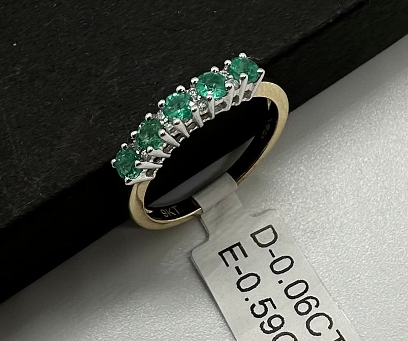9ct Yellow Gold Emerald and Diamond Eternity Band Ring, Sizes J to T (0034)
