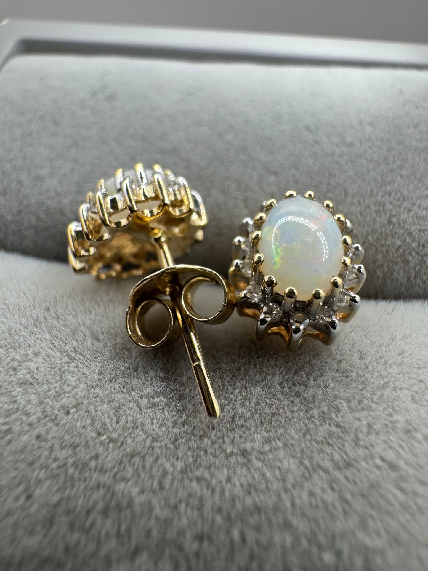 9ct Yellow Gold Natural Opal and Diamond Cluster Stud Earrings (293O)