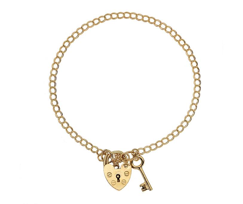 9ct Yellow Gold Double Curb Chain Bracelet with Padlock and Key Fob (16ZBK)