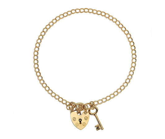 9ct Yellow Gold Double Curb Chain Bracelet with Padlock and Key Fob (16ZBK)
