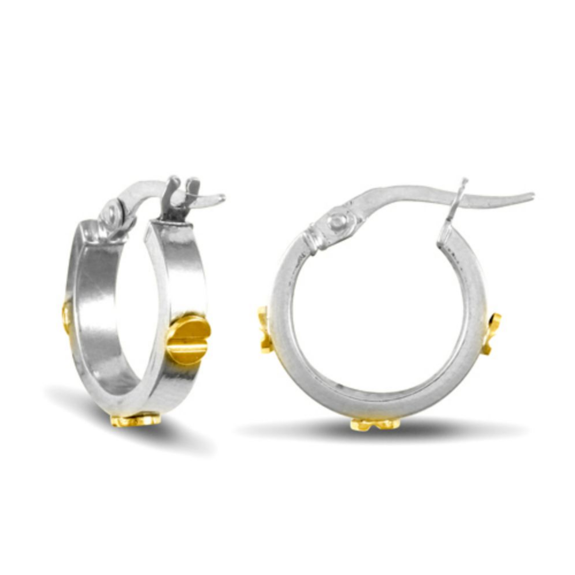 9ct White and Yellow Gold 15mm Screw Hoop Earrings (446A)