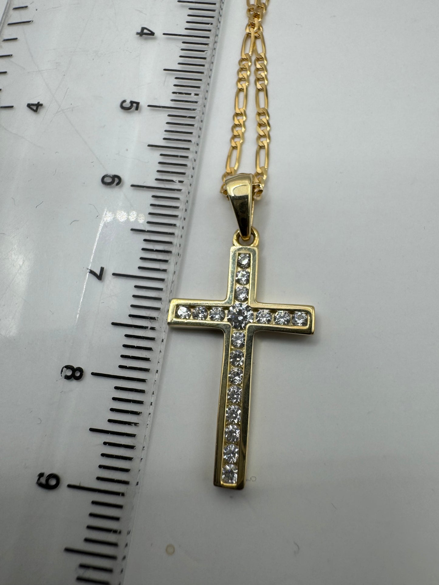 9ct Yellow Gold Zirconia Set Cross Pendant on 18" Figaro Chain (149.004A)