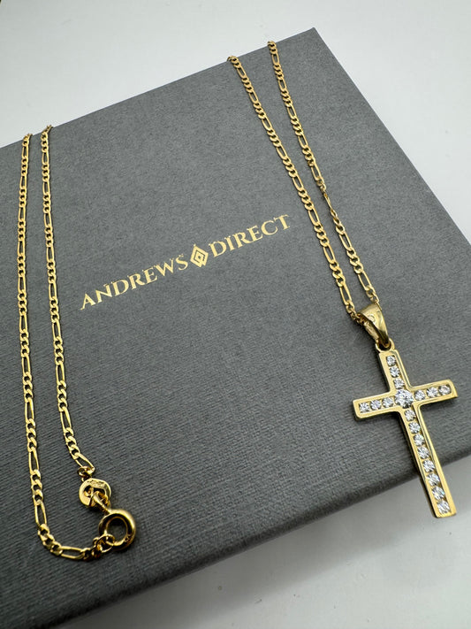 9ct Yellow Gold Zirconia Set Cross Pendant on 18" Figaro Chain (149.004A)