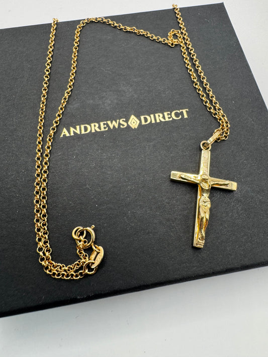 9ct Yellow Gold Cross Crucifix Pendant on Round Belcher Chain (155583)