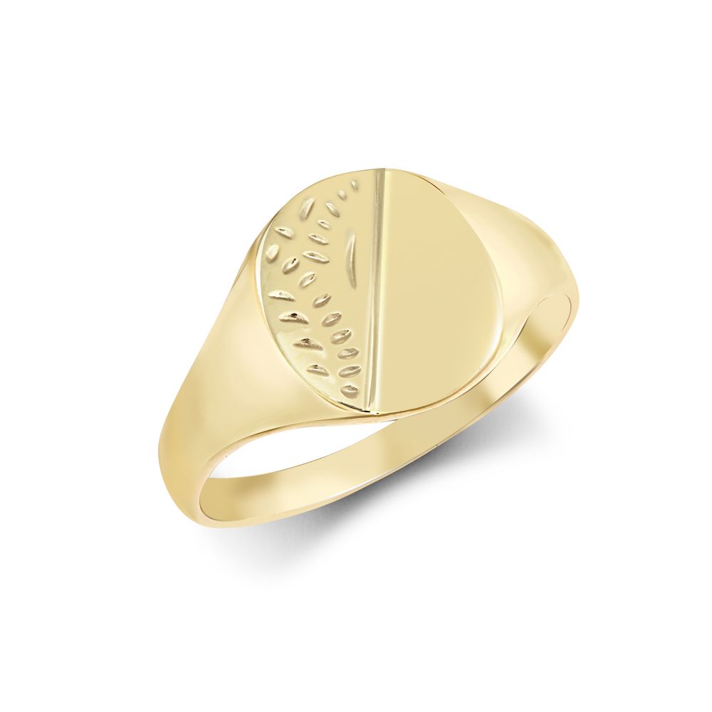 9ct Yellow Gold Oval Top Half Engraved Signet Ring, Sizes J to Q (457)