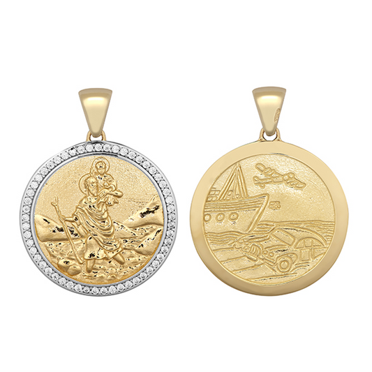 9ct Yellow Gold Cubic Zirconia Set Round St Christopher Pendant (0096)