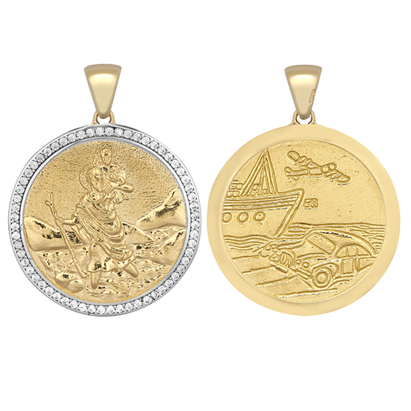 9ct Yellow Gold 33x25mm Cubic Zirconia Set St Christopher Round Pendant (0097)