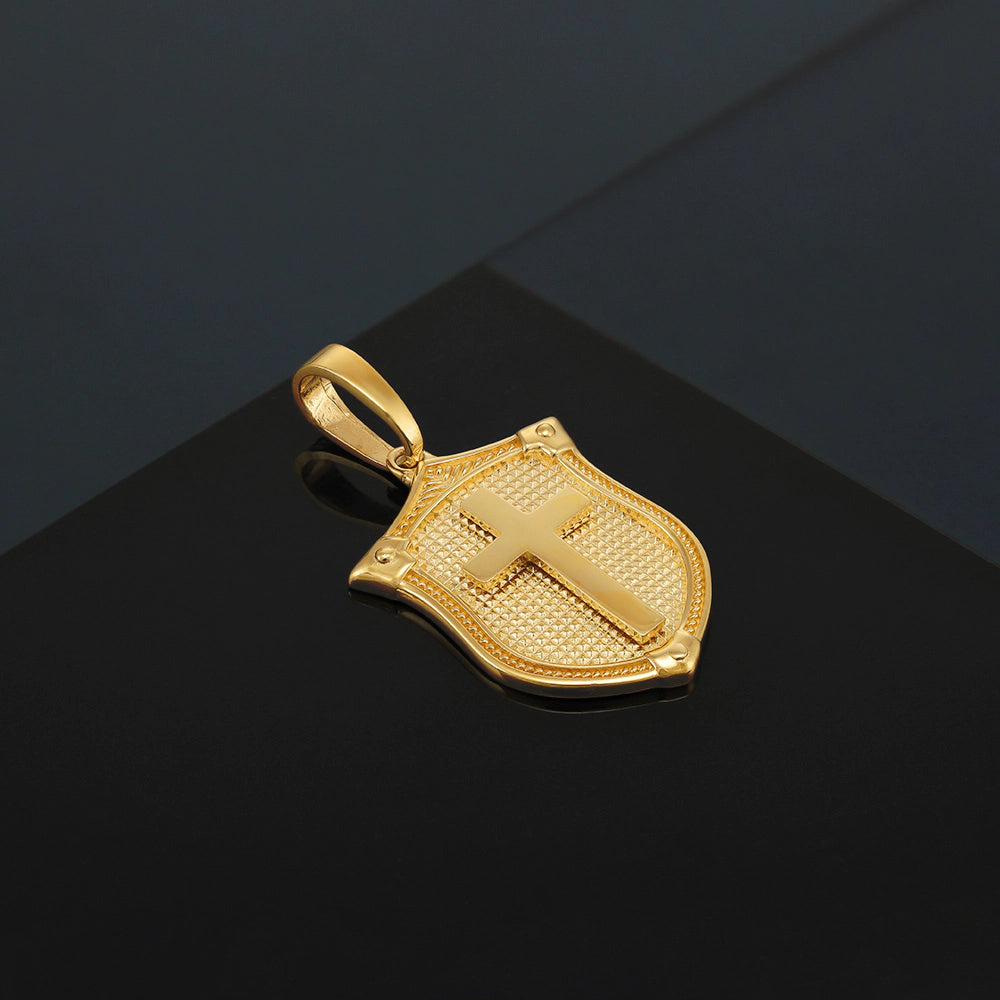 9ct Yellow Gold Cross on a Shield Shaped Pendant - Chains available (0694)