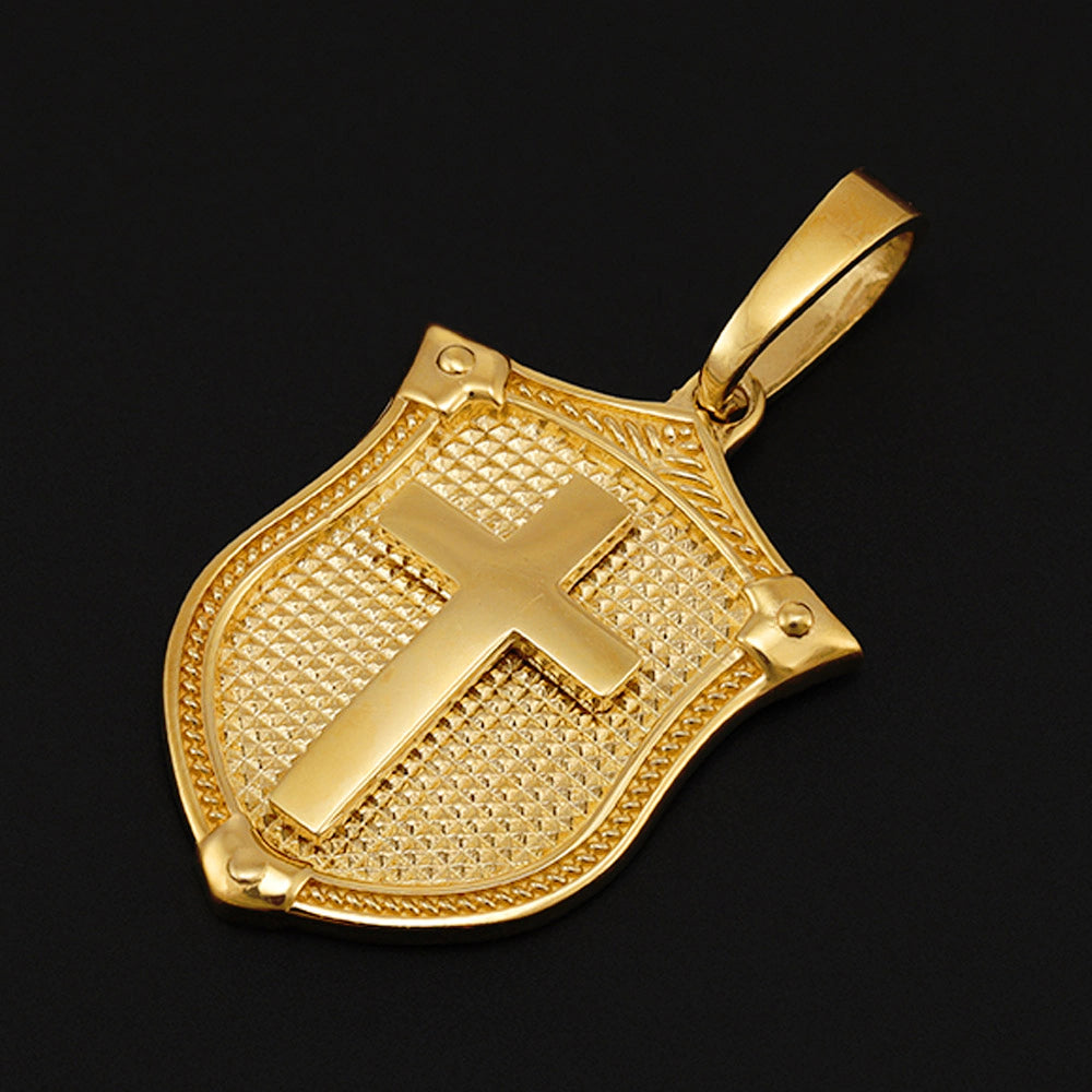 9ct Yellow Gold Cross on a Shield Shaped Pendant - Chains available (0694)