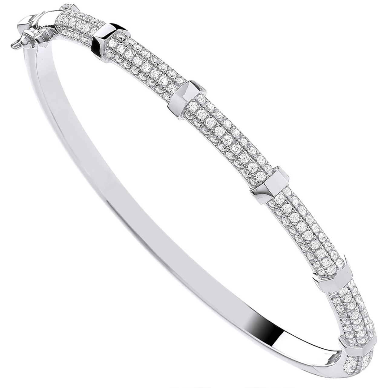 Sterling Silver Round Zirconias Set Hex Nut Detail Ladies Bangle (0180)