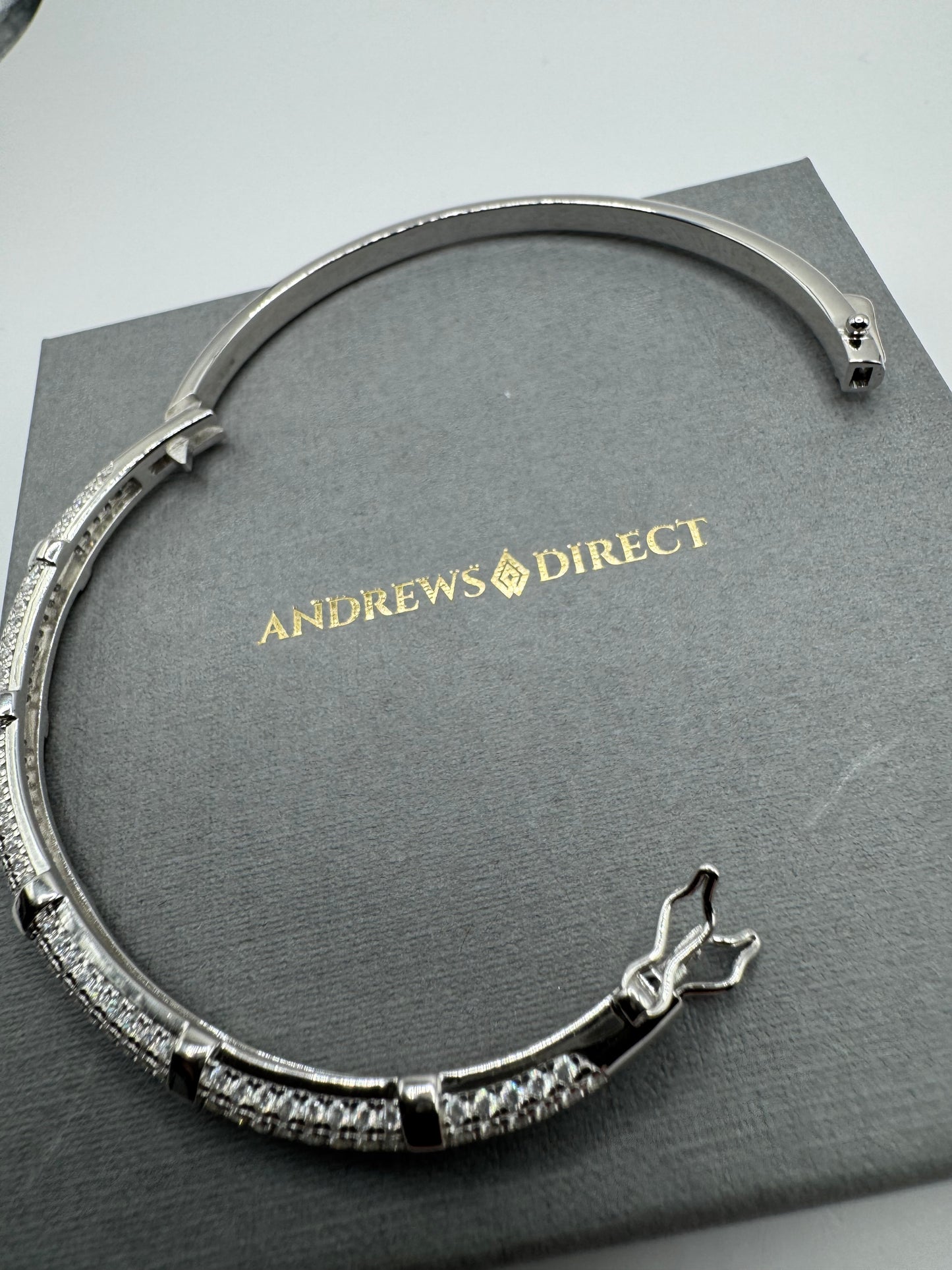 Sterling Silver Round Zirconias Set Hex Nut Detail Ladies Bangle (0180)