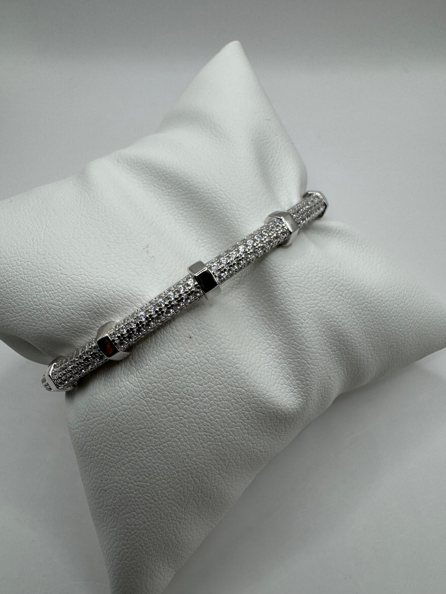 Sterling Silver Round Zirconias Set Hex Nut Detail Ladies Bangle (0180)