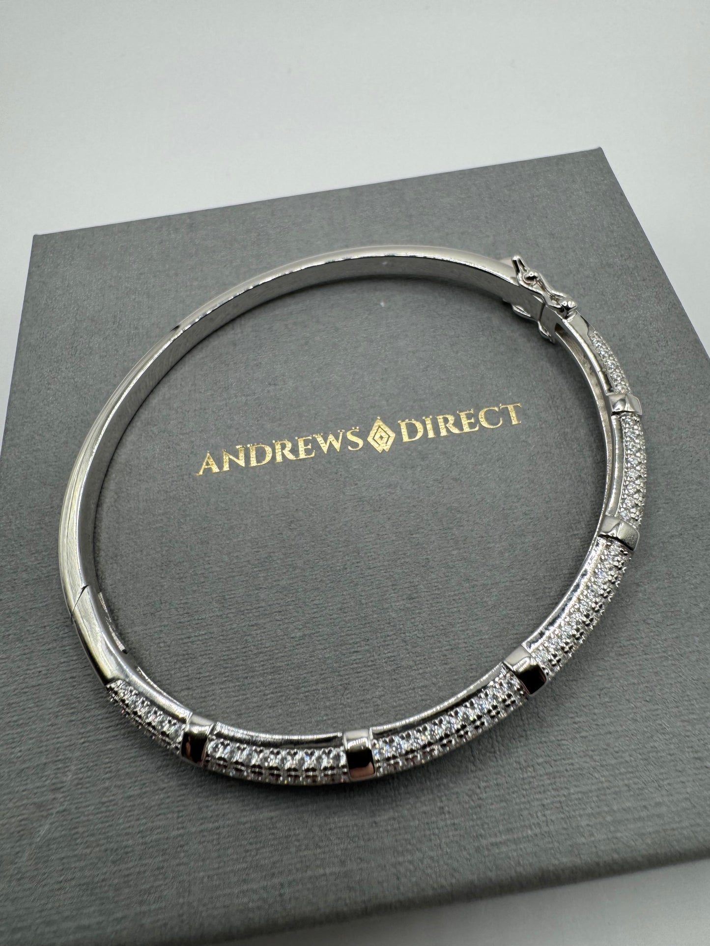 Sterling Silver Round Zirconias Set Hex Nut Detail Ladies Bangle (0180)
