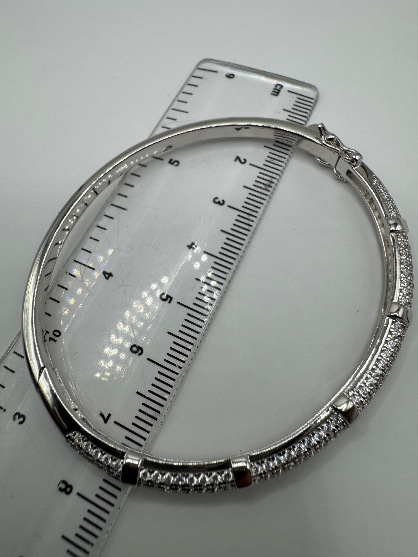 Sterling Silver Round Zirconias Set Hex Nut Detail Ladies Bangle (0180)