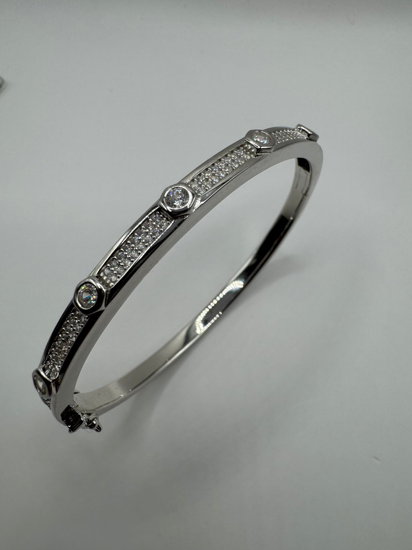Sterling Silver Round Zirconias Set Hex Detail Ladies Bangle (0185)