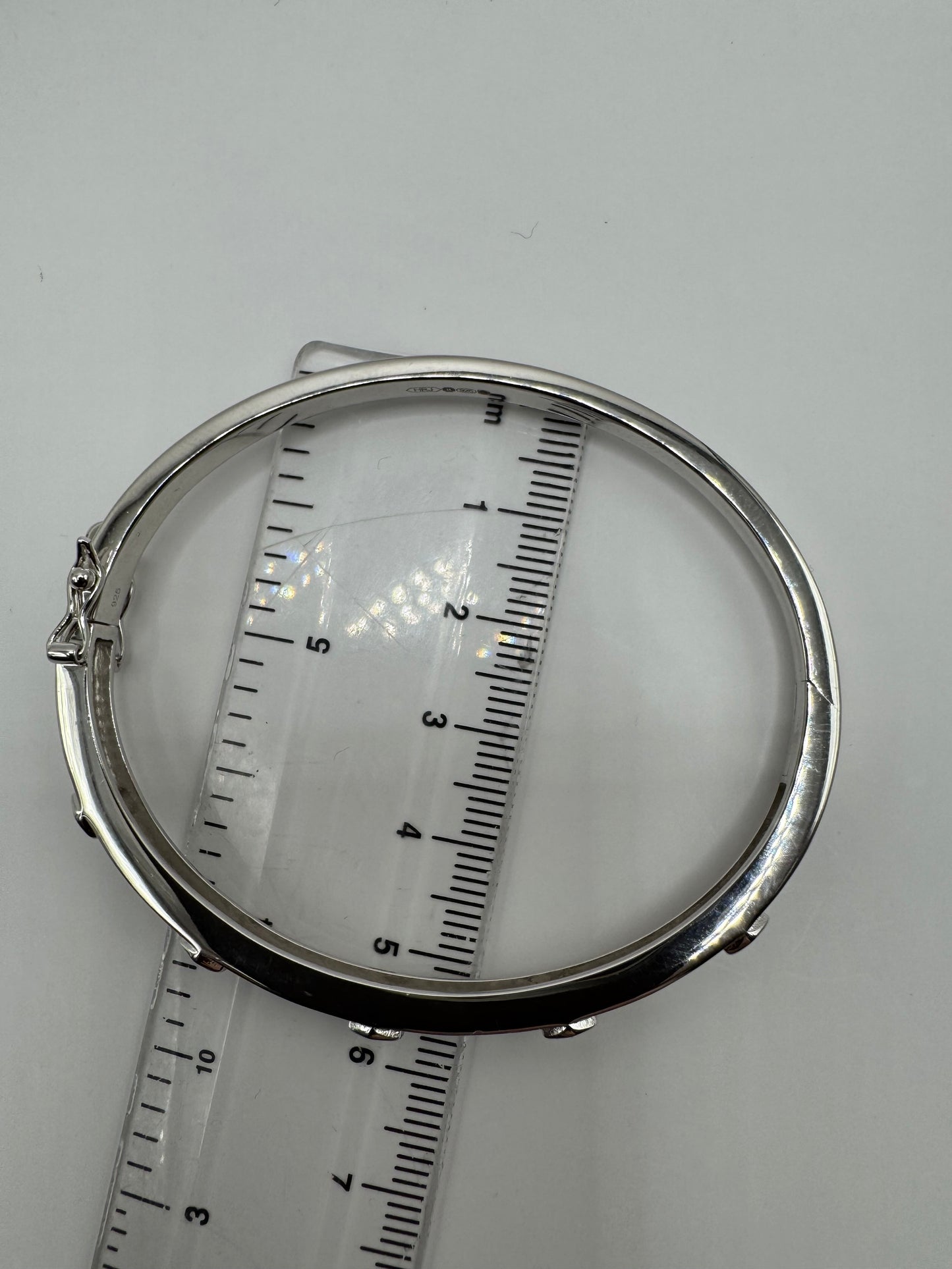 Sterling Silver Round Zirconias Set Hex Detail Ladies Bangle (0185)
