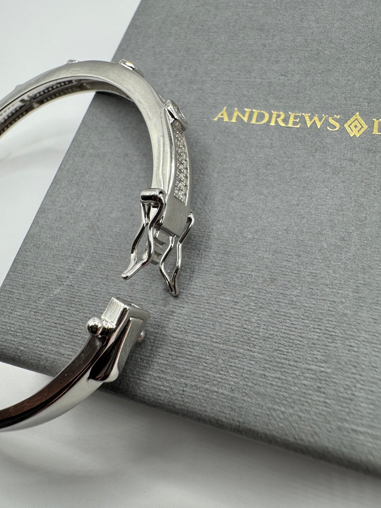 Sterling Silver Round Zirconias Set Hex Detail Ladies Bangle (0185)