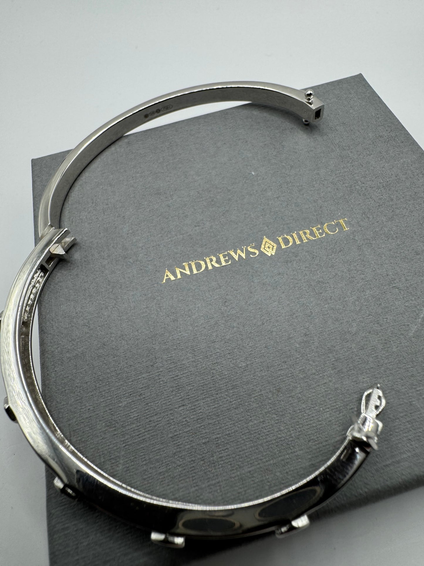 Sterling Silver Round Zirconias Set Hex Detail Ladies Bangle (0185)