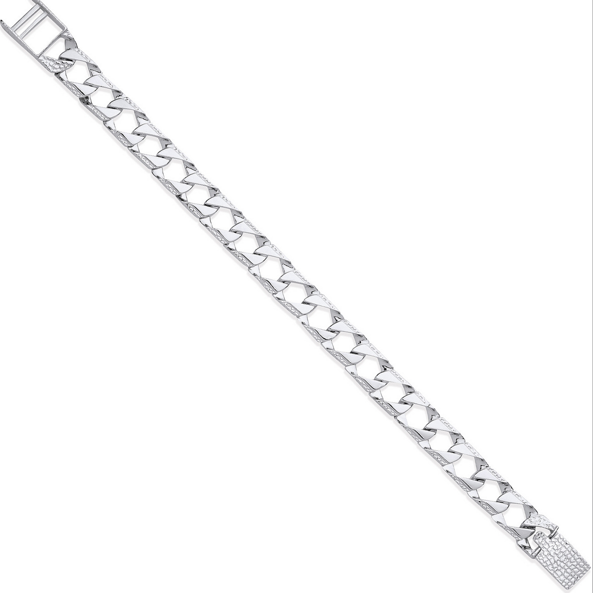 Sterling Silver Patterned and Ribbed Edge Curb 8.5 Inch Bracelet Chain (0363)