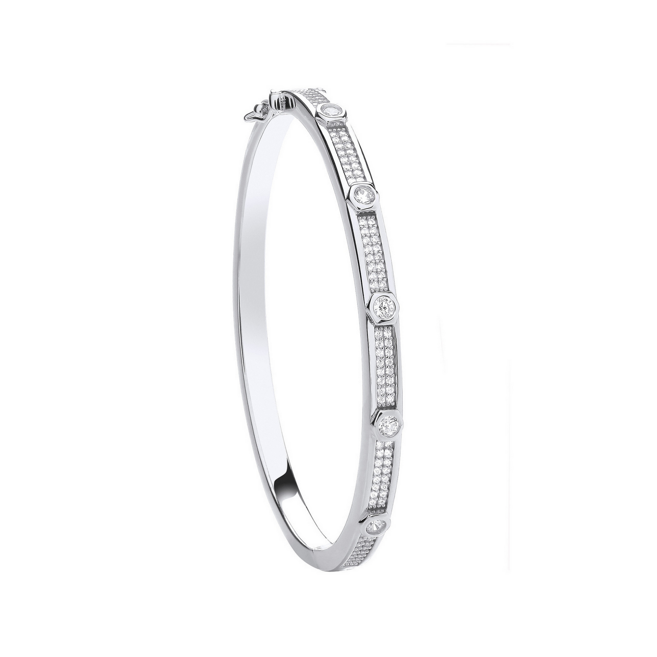 Sterling Silver Round Zirconias Set Hex Detail Ladies Bangle